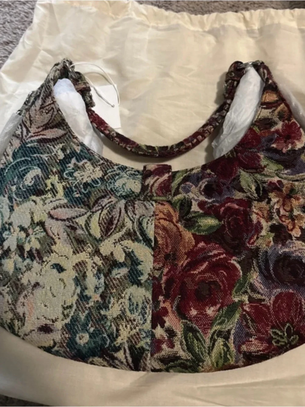 Ganni Multicolor Floral Tapestry Shoulder Bag in Burgundy, Green and Blue